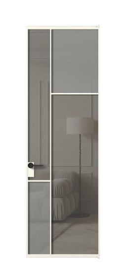 Дверь межкомнатная АЛПЛ041.11 АЖМ Серый сатин матовое + Серый прозрачное. Цвет Алюминий жемчужный. Материал Алюминий в эмали. Коллекция Mosaic. Картинка.
